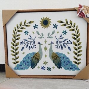 NIP BP Home 17" X 20" Textile Wall Art Blue Peacocks.